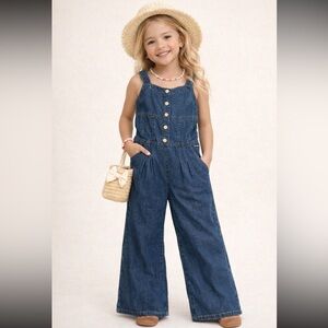Tahari Girls Denim Jumpsuit Size 7 Wide Leg Button Front
